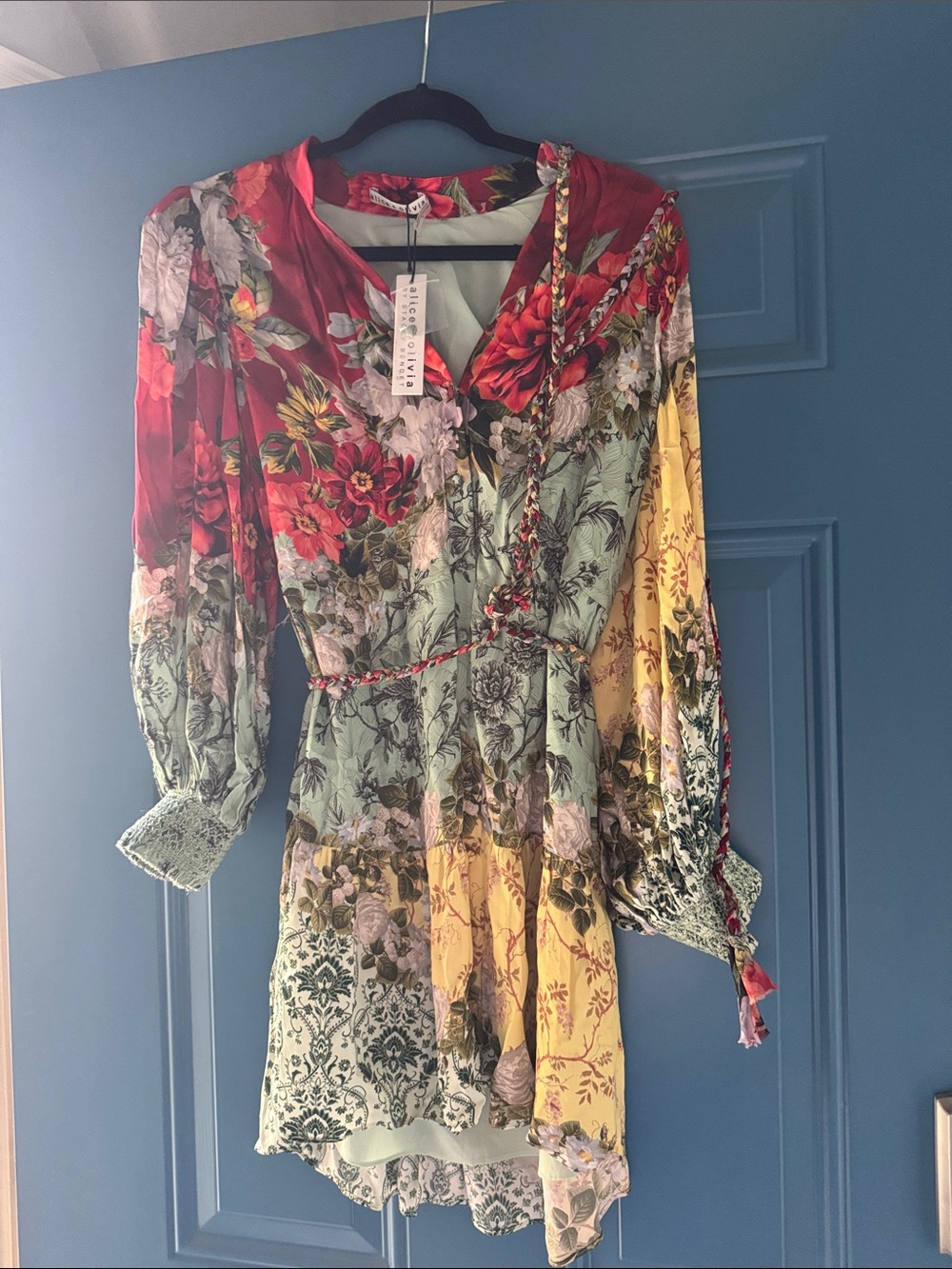 Alice + Olivia Multi-Panel Floral Wrap Dress in Red, Sage & Yellow